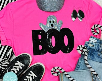 Cute Black Boo Ghost Sequins Halloween Shirt - Boo Chenille Patch Shirt  - Halloween Shirt - Chenille Patch - Sequins Boo Shirt - Halloween