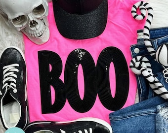 Cute Black Boo Sequins Halloween Shirt - Boo Chenille Patch Shirt  - Halloween Shirt - Chenille Patch - Sequins Boo Shirt - Halloween Tee