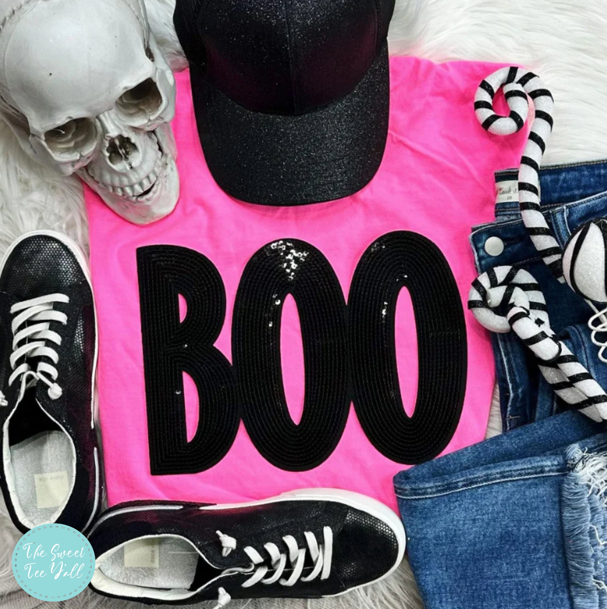 Cute Black Boo Sequins Halloween Shirt - Boo Chenille Patch Shirt  - Halloween Shirt - Chenille Patch - Sequins Boo Shirt - Halloween Tee