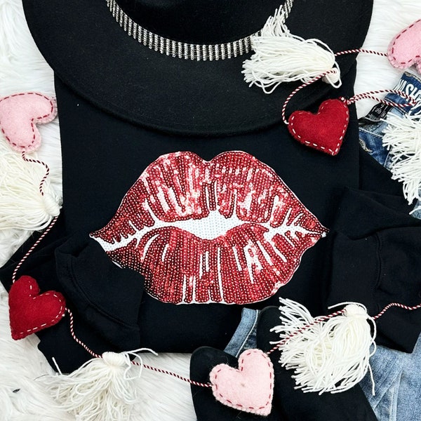 Sequins Red Lips Chenille Patch Long Sleeve Shirt - Valentine's Day Shirt - Chenille Patch - V-Day Shirt - Red Lips Sequins Chenille Patch