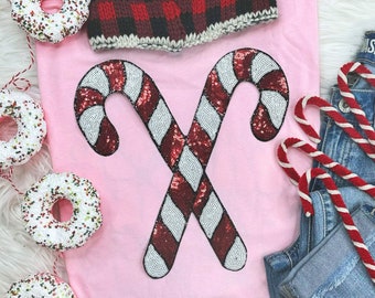Sequins Candy Canes Chenille Patch Christmas Shirt - Merry Christmas Shirt - Christmas Shirt - Christmas Gifts - Candy Cane Sequin Shirt