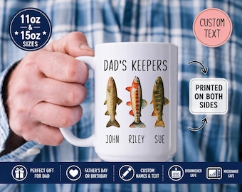 Gepersonaliseerde papa-vismok, aangepaste kindernamen koffiekopje, haspel cool cadeau papa, Vaderdagcadeau voor opa, mok visser papa