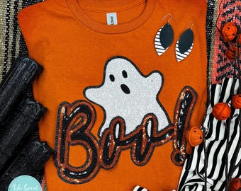 Cute Boo Ghost Sequins Halloween Shirt - Boo Chenille Patch Shirt  - Halloween Shirt - Chenille Patch - Sequins Boo Shirt - Halloween Tee