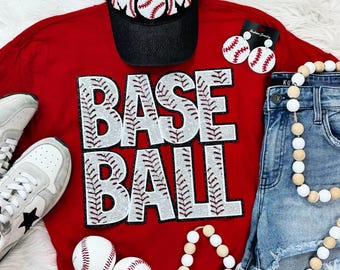 Maglietta con toppa in ciniglia con paillettes da baseball - Maglietta per il giorno della partita - Toppa in ciniglia - Maglietta con paillettes da baseball - Maglietta da partita di baseball - Toppa da baseball