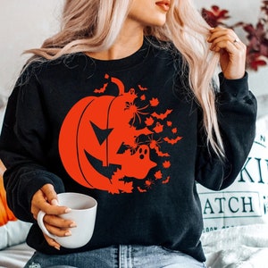 Halloween Pumpkin Jack O Lantern Sweatshirt - Pumpkin - Women&#39;s Sweatshirt - Pumpkin Bats Sweatshirt - Women&#39;s Halloween Sweatshirt