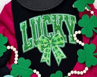 St Patrick's Day Lucky Bow Sequins Sweatshirt -  Sequins Chenille Patch Sweatshirt - St Patrick's  Day Sweatshirt - St. Patties Day Shirt