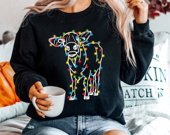 Christmas Cow - Cow Lights - Women's Sweatshirt - Country Christmas - Sweatshirt for Her - Christmas Pullover - Women's Christmas Sweatshirt