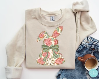 Sudadera con estampado floral de Pascua - Suéter de Pascua - Cuello redondo de Pascua con lazo coqueto - Sudadera de conejo de Pascua para mujer - Camisa de conejo de Pascua