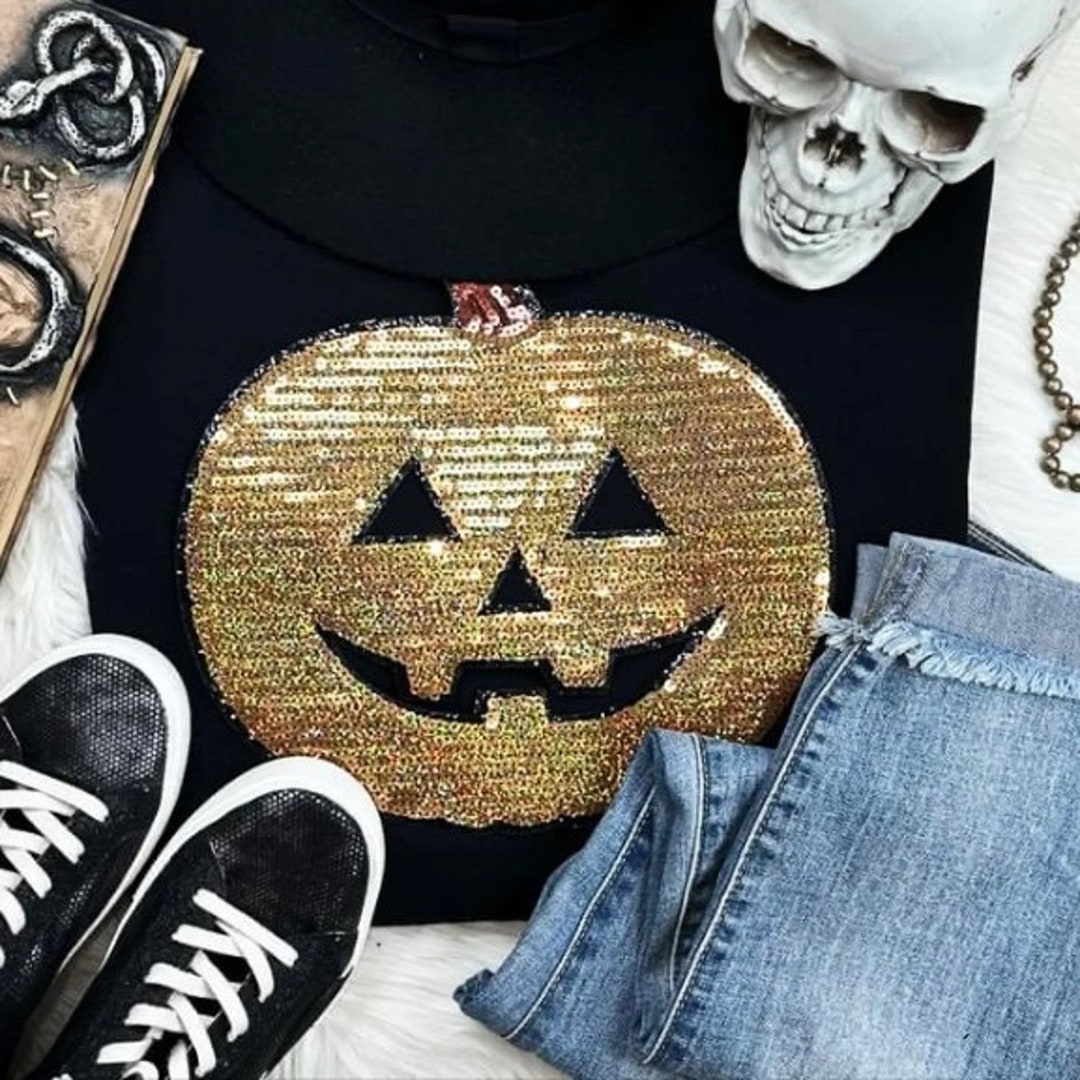 Contrast Stitching Sequin Pumpkin Round Neck Long Sleeve Sweatshirt