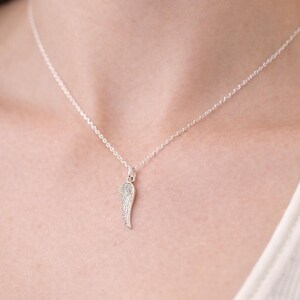 May include: A delicate silver necklace featuring a small pendant shaped like a wing. The wing pendant is detailed with fine lines, and the necklace chain is a simple, thin design. The necklace is worn against a light background.