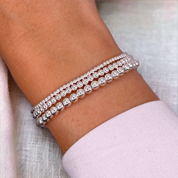 Silver Beaded bracelet. Sterling Silver stacking bead bracelet. Sterling silver bead stretch bracelet. Sterling silver stacking bracelet.