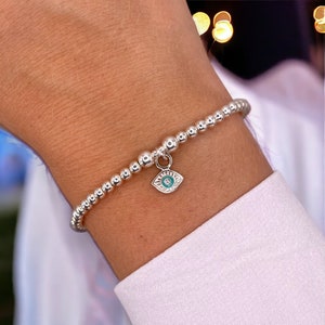 Evil Eye Charm Sterling Silver Bracelet | Sterling Silver Beaded Stretch Stacking Layering Bracelet | Protection Eye | Good Luck