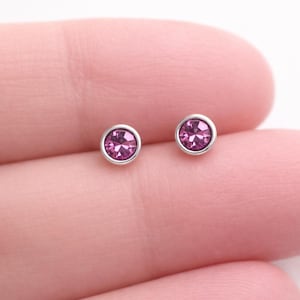 May include: A pair of small stud earrings. Each earring features a round, vibrant purple gemstone set in a silver-colored bezel. The earrings are displayed on a pink surface, likely a finger, against a white background.