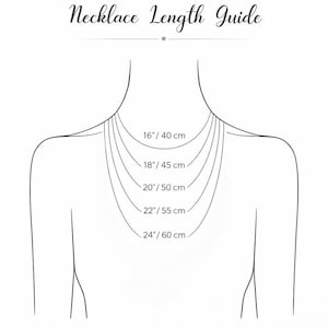 May include: A diagram illustrating necklace lengths, featuring a stylized torso with various necklace lengths from 16 inches (40 cm) to 24 inches (60 cm). The text "Necklace Length Guide" is at the top.