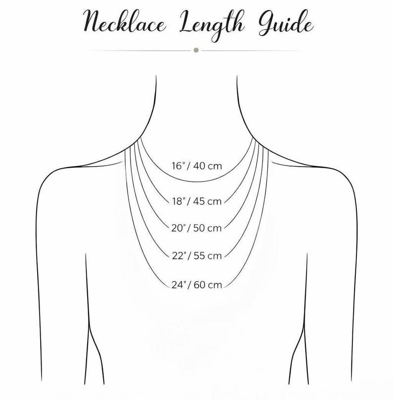 May include: A diagram illustrating necklace lengths, featuring a stylized torso with various necklace lengths from 16 inches (40 cm) to 24 inches (60 cm). The text "Necklace Length Guide" is at the top.