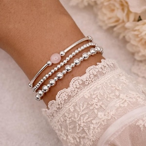 Silver Stacking Bracelet Set With Rose Quartz Gemstone | Sterling Silver Or Gold Filled Beaded Stretch Stacking Bracelet Set