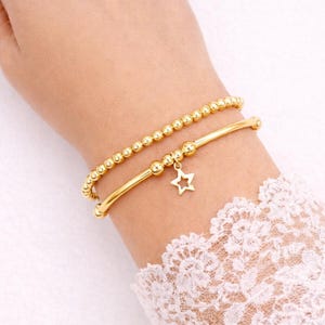 Gold filled Beaded Bracelet Set with a Star or Heart charm  | Gold Filled Beaded Stretch Stacking Bracelet  | Gold Layering Bracelet set