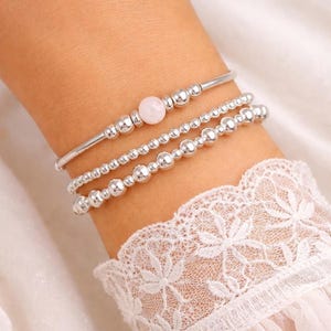 Conjunto de apilamiento de piedra lunar / Piedra preciosa de piedra lunar genuina / Pulsera elástica con cuentas de plata esterlina / Joyería de cristal curativo / Apilamiento de muñecas