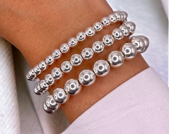 Sterling Silver Stacking Beaded Bracelets | Handmade Jewellery | Stackable Stretch Bracelet Set | Custom Size | 2mm 3mm 4mm 5mm 6mm 8mm