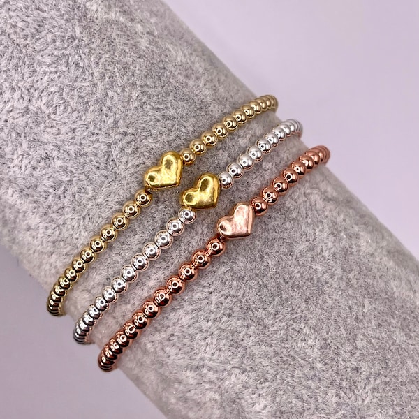 14k Gold or Rose Gold filled or Silver sterling  Beaded Bracelet with a heart Bead. Beaded stretch stacking bracelet.