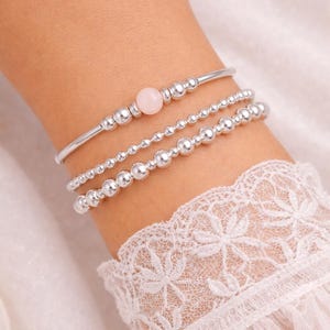 Rose Quartz Stacking Bracelet Set | Genuine Rose Quartz Gemstone | Sterling Silver Beaded Stretch | Healing Crystal Jewellery | Wrist Stack