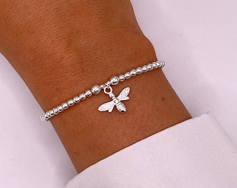 Bee Charm Sterling Silver Bracelet | Sterling Silver Beaded Stretch Stacking Layering Bracelet