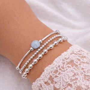 宝石付きシルバースタッキングブレスレットセット | スターリングシルバービーズストレッチブレスレット | スターリングシルバースタッキングビーズブレスレットセット