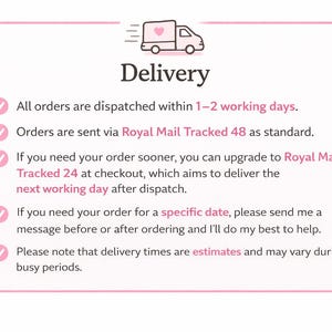 May include: A pink-bordered graphic with the word "Delivery" and a small truck icon. Text details order dispatch within 1-2 working days, standard shipping via Royal Mail Tracked 48, and options for faster delivery.