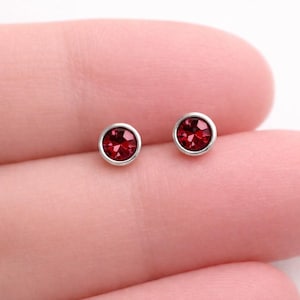 Puede incluir: Un par de pendientes pequeños. Cada pendiente presenta una gema redonda, facetada, de color rojo intenso, engastada en un bisel plateado. Los pendientes se muestran sobre un fondo rosa claro.