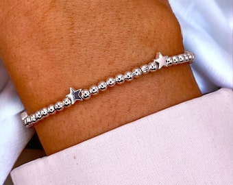 Sterling Silver Beaded Bracelet with Star or Heart Beads | Beaded Stretch Stacking Layering Bracelet  | Anti tarnish Jewellery