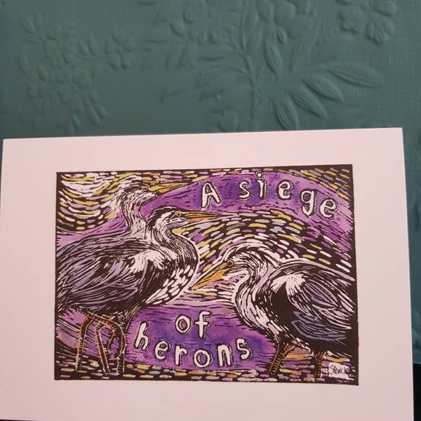 Herons A6 greetings card with envelope, blank for your own message. Eco friendly item and packaging. Next day postage free of charge.