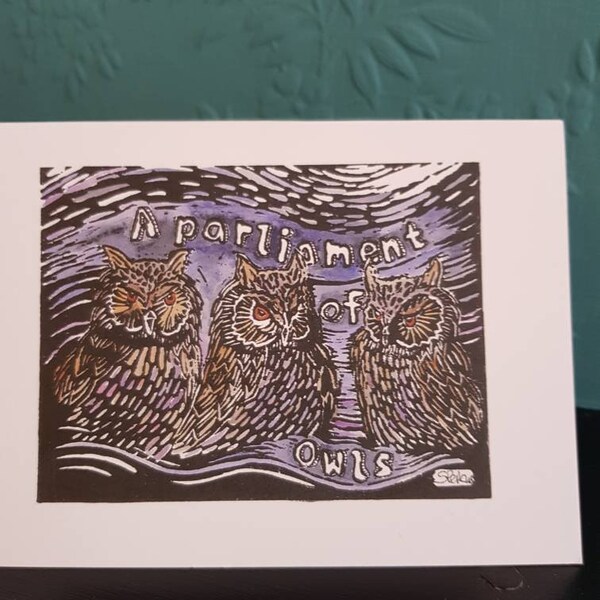 Owls A6 greetings card with envelope, blank for your own message. Eco friendly item and packaging. Next day postage free of charge.