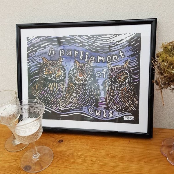 Owls art print to fit A4 frame (not supplied) Eco friendly item and packaging. Unique gift. Next day postage free of charge.
