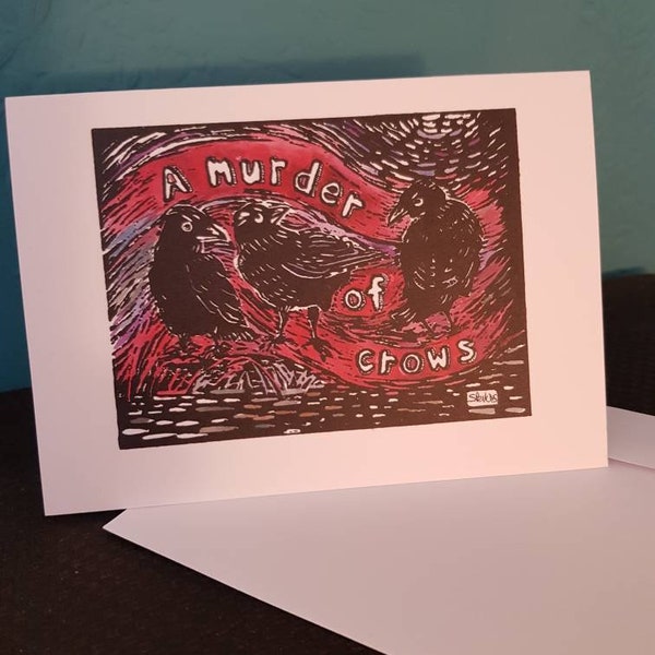 Crows A6 greetings card with envelope, blank for your own message. Eco friendly item and packaging. Next day postage free of charge.