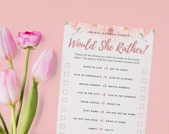 May include: A printable bridal shower game with a floral design. The game is called "Would She Rather?" and asks players to choose between two options for each question. The questions are about the bride-to-be's preferences.