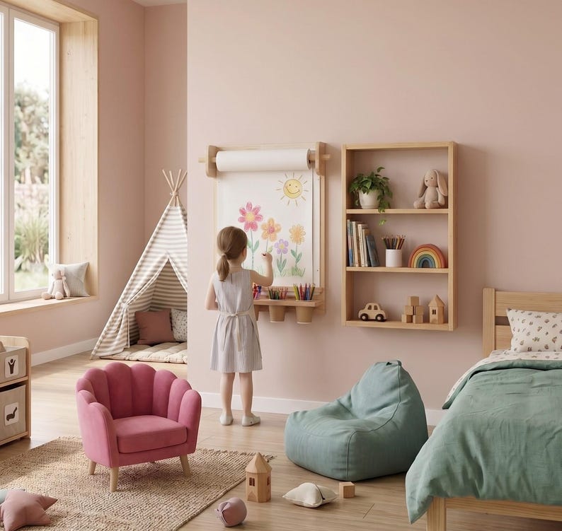 May include: A wall-mounted wooden paper roll holder with a drawing of a sun and flowers, featuring a built-in shelf with colored pencils. The setup includes a wooden bookshelf, a pink scalloped armchair, and a green beanbag chair.