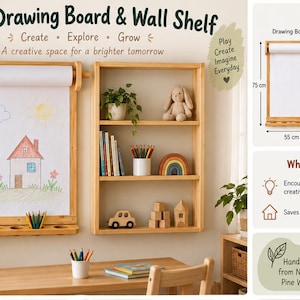 May include: A light wood wall-mounted drawing board with a paper roll and a three-tier wall shelf. The drawing board measures 75 cm by 55 cm, and the shelf measures 75 cm by 55 cm by 11 cm. The board displays a child's drawing of a house.