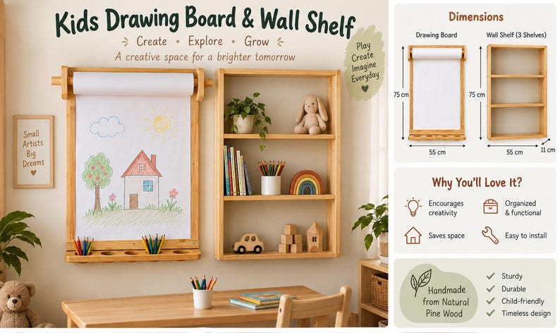May include: A light wood wall-mounted drawing board with a paper roll and a three-tier wall shelf. The drawing board measures 75 cm by 55 cm, and the shelf measures 75 cm by 55 cm by 11 cm. The board displays a child's drawing of a house.