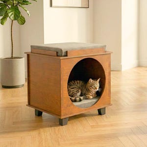 Mid Century Inspired Wooden Cat House with Round Entrance and Double Cushion