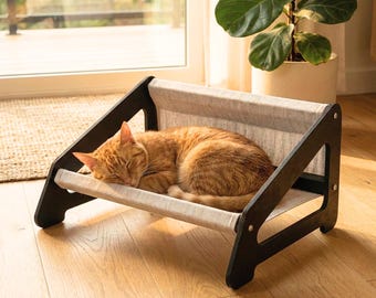 Modern Hammock Style Cat Bed with Washable Linen Fabric, Available with Color Options