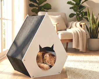 Modernes geometrisches Katzenhaus mit waschbarem Leinenstoff und stilvollem Haustierkissen