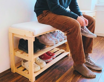 Two Tier Wooden Rack Bench with Cushioned Top, Entryway Home Furniture
