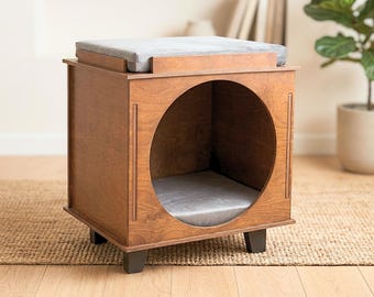 Mid Century Inspired Wooden Cat House with Round Entrance and Double Cushion