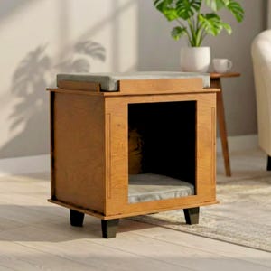 Mid Century Inspired Wooden Cat House with Cozy Pet Bed