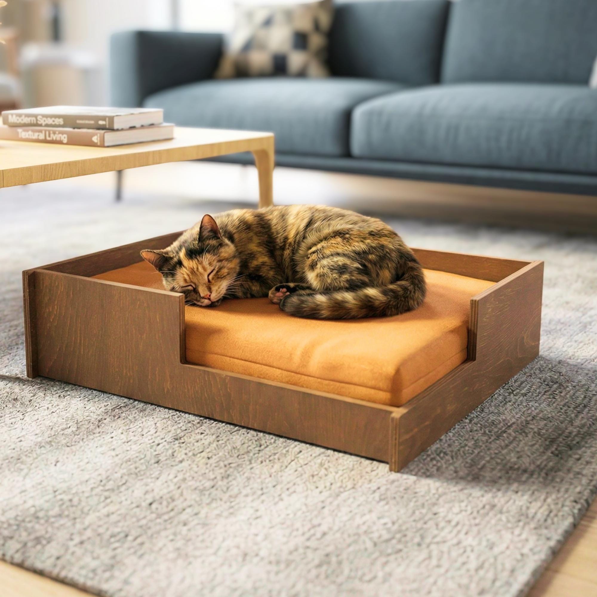 Modern and Stylish Wooden Cat Bed, Pet Sofa with Washable Cushion
