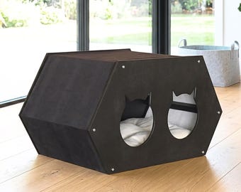 Modernes Katzenhaus mit doppeltem Eingangsdesign und waschbarem Leinenstoffbezug