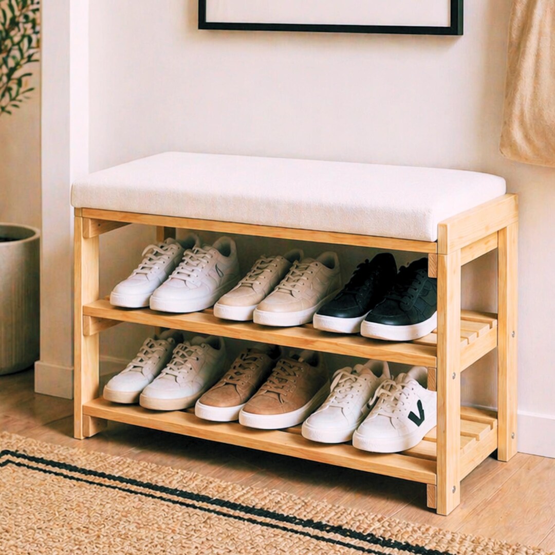 Two Tier Wooden Rack Bench With Cushioned Top, Entryway Home Furniture ...