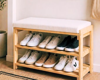 Two Tier Wooden Rack Bench with Cushioned Top, Entryway Home Furniture