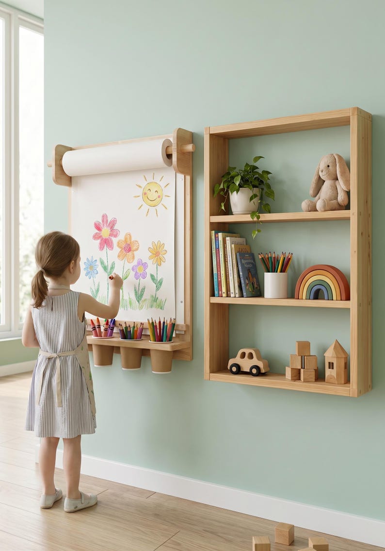 May include: A wall-mounted wooden paper roll dispenser with a drawing surface featuring a sun and flower illustration, accompanied by three attached cup holders for colored pencils, next to a three-tiered wooden wall shelf with toys.