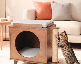 Mid Century Inspired Wooden Cat House with Cat Scratching Post and Cozy Pet Bed